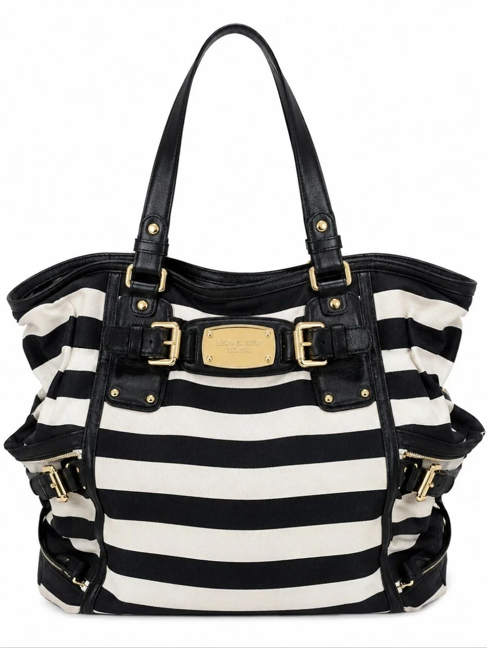 Michael Kors Gansevoort large belted tote in black and white stripe canvas